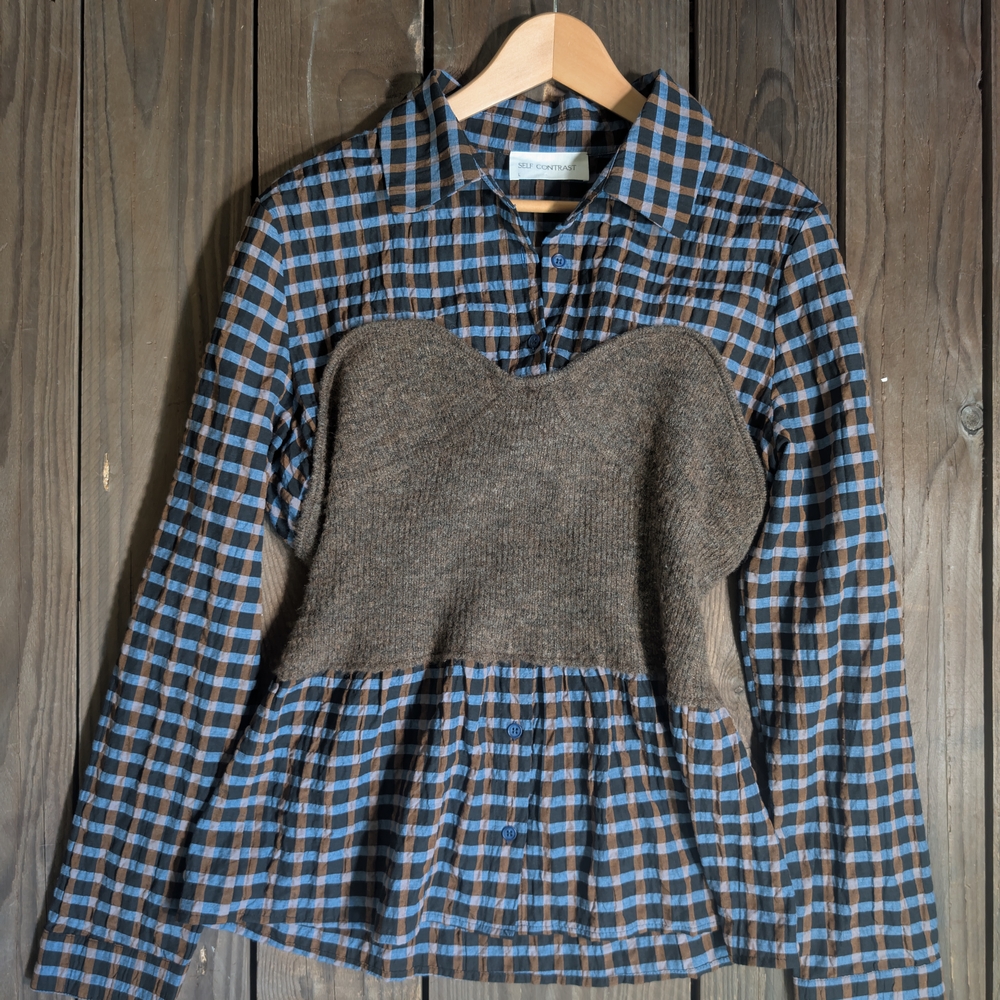 Self Contrast Plaid Shirt with Knit Overlay L